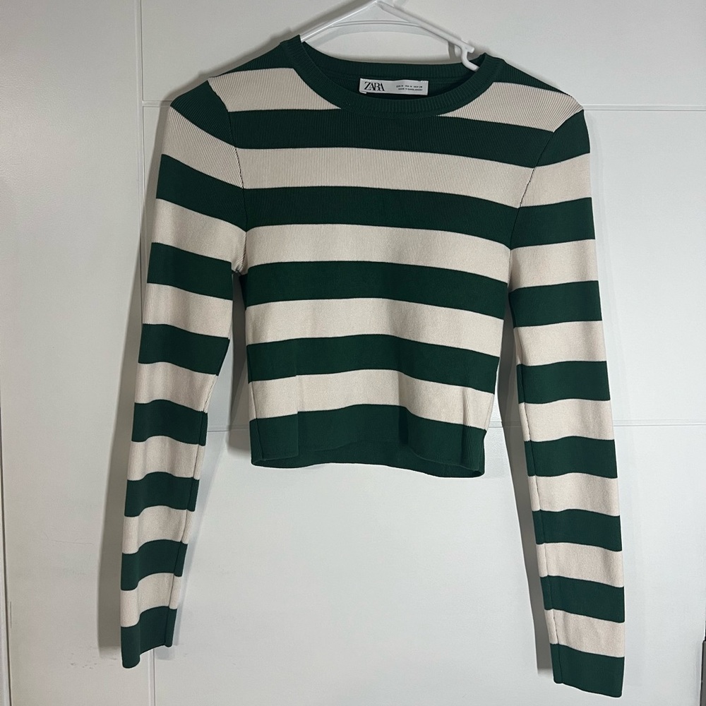 Zara Green and White Striped Crop Top